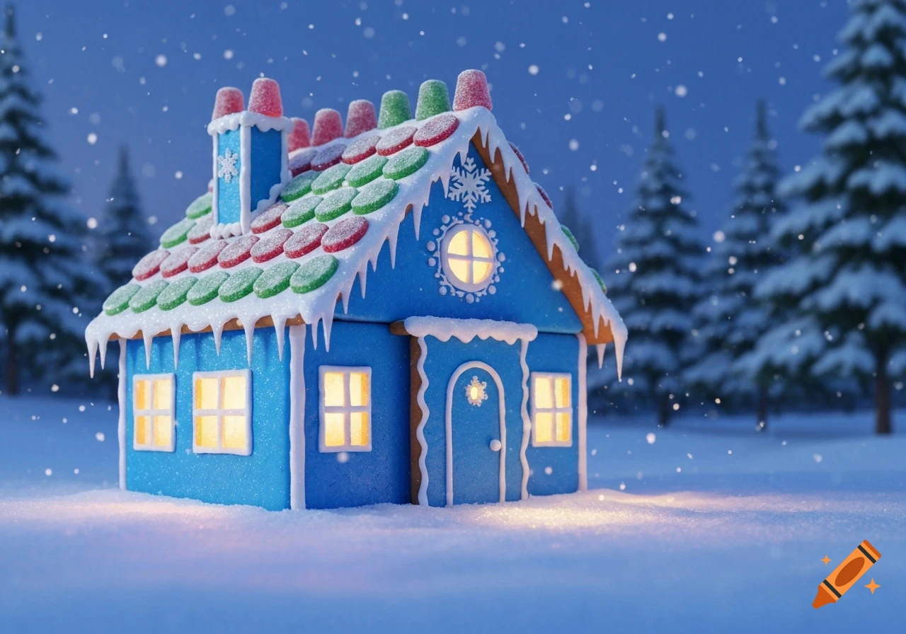 A blue gingerbread house with illuminated windows and candy decorations, surrounded by snow and evergreen trees during a winter snowfall.