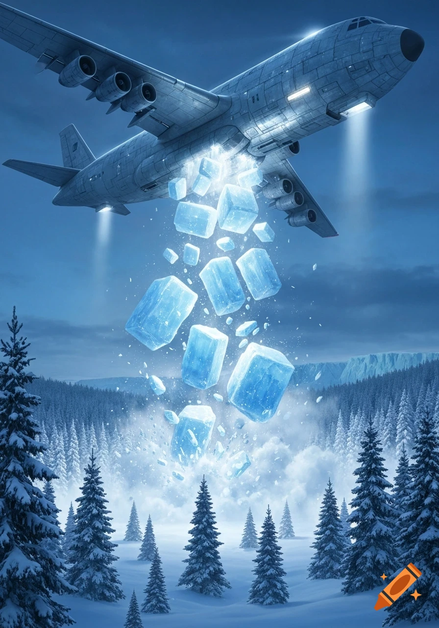 A large grey airplane drops glowing blue ice cubes over a snowy pine forest and icy mountains under a dark blue sky, in a digital art style.