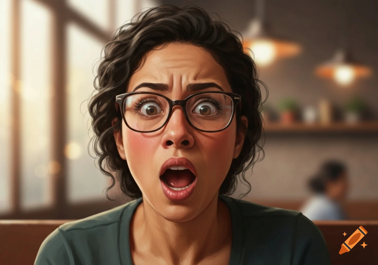 Close-up of a surprised Latina woman with curly hair and glasses, looking wide-eyed with her mouth open, in a restaurant setting.