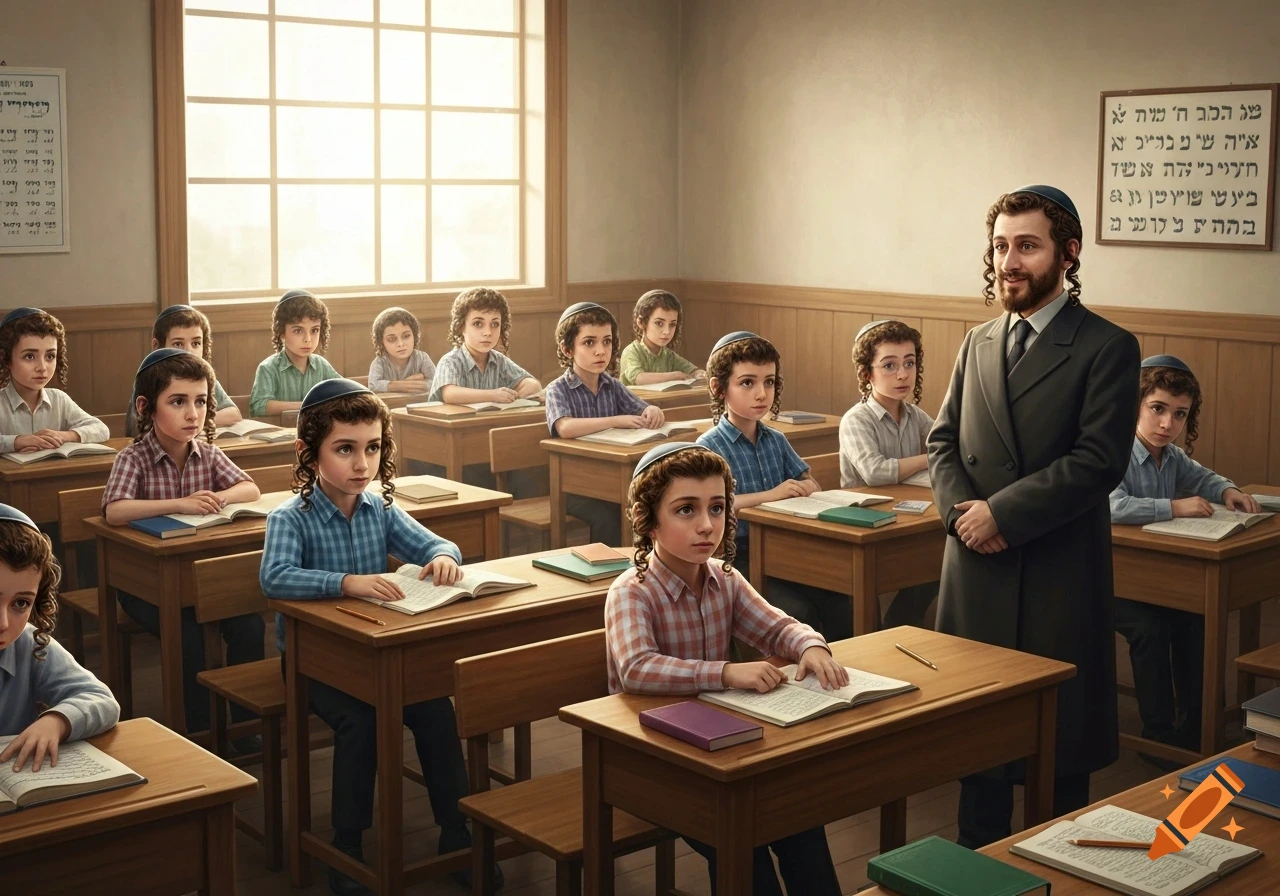 A realistic painting of a Jewish classroom with a teacher and several boys with curly sidelocks sitting at wooden desks.