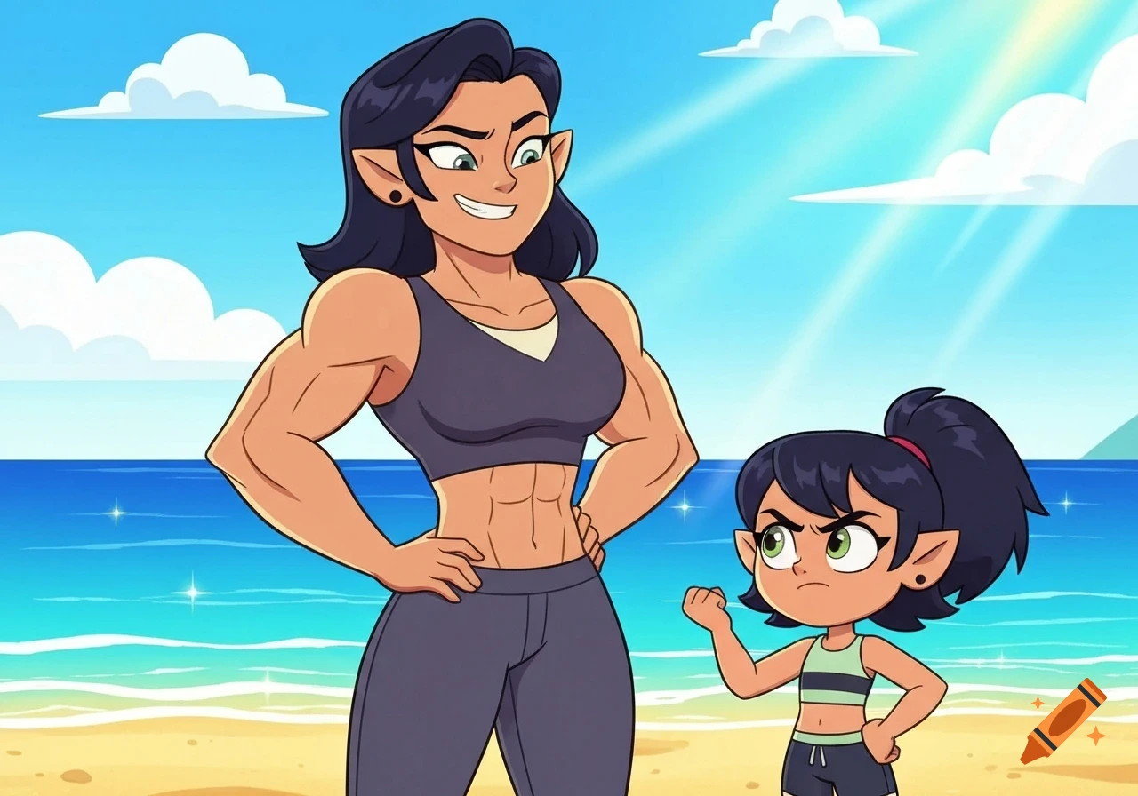 A muscular woman with dark hair and elf ears flexes at a sunny beach alongside a determined child, in a cartoon style.