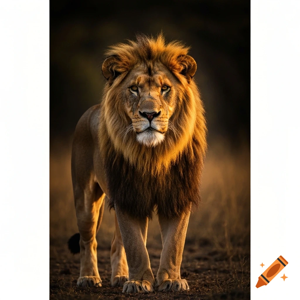 A majestic lion with a golden mane stands proudly, looking forward, illuminated by golden hour sunlight against a dark background.