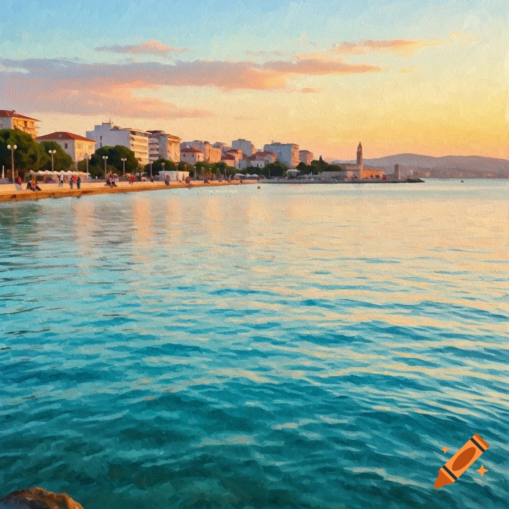 Acrylic painting of a city skyline and promenade by a turquoise sea at sunset, with visible brushstrokes.