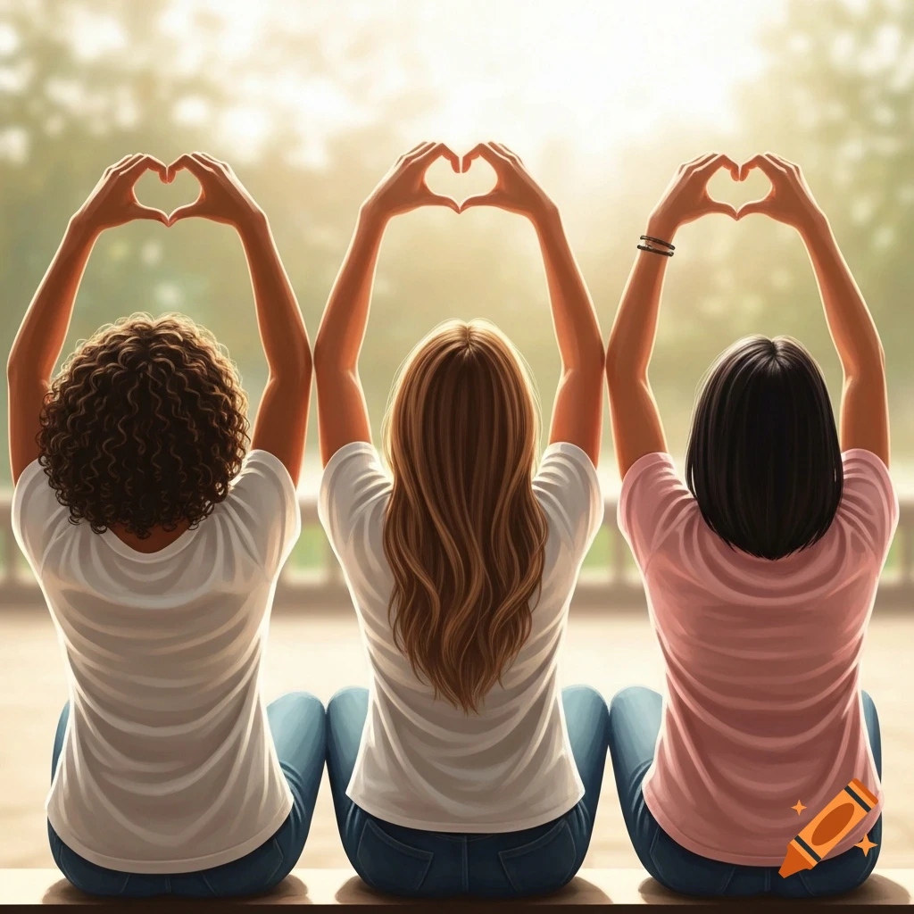 Three friends, seen from behind, sit side-by-side, each forming a heart shape above their heads with their hands.