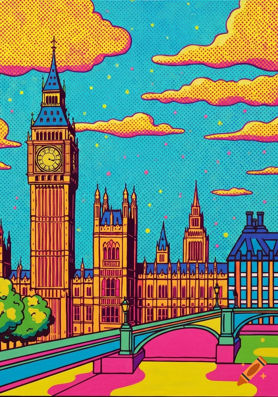 Vibrant pop art painting of London's skyline featuring Big Ben, the Houses of Parliament, a bridge, and a river with halftone dots.