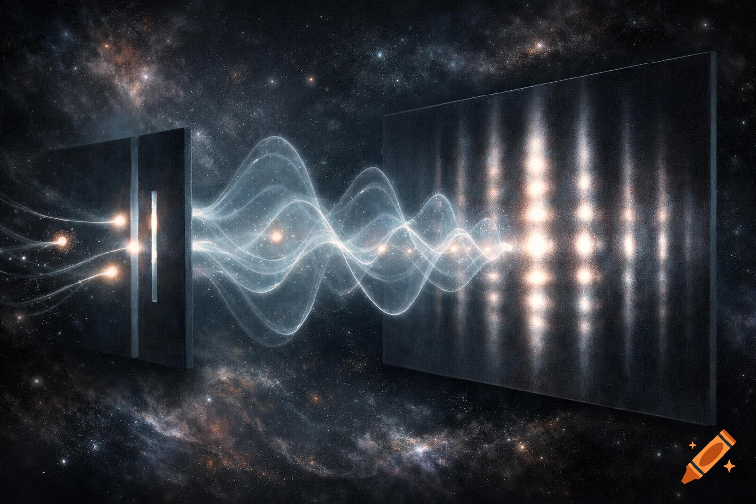 Stylized depiction of the double-slit experiment showing wave interference in a cosmic setting.