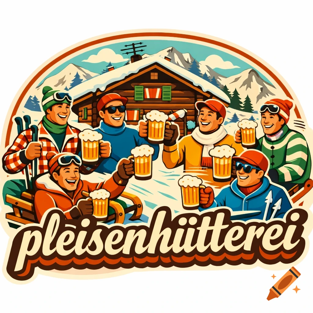 Retro illustration of cheerful skiers and sledders drinking beer outside a snowy mountain hut, with 'pleisenh rutterei' text.