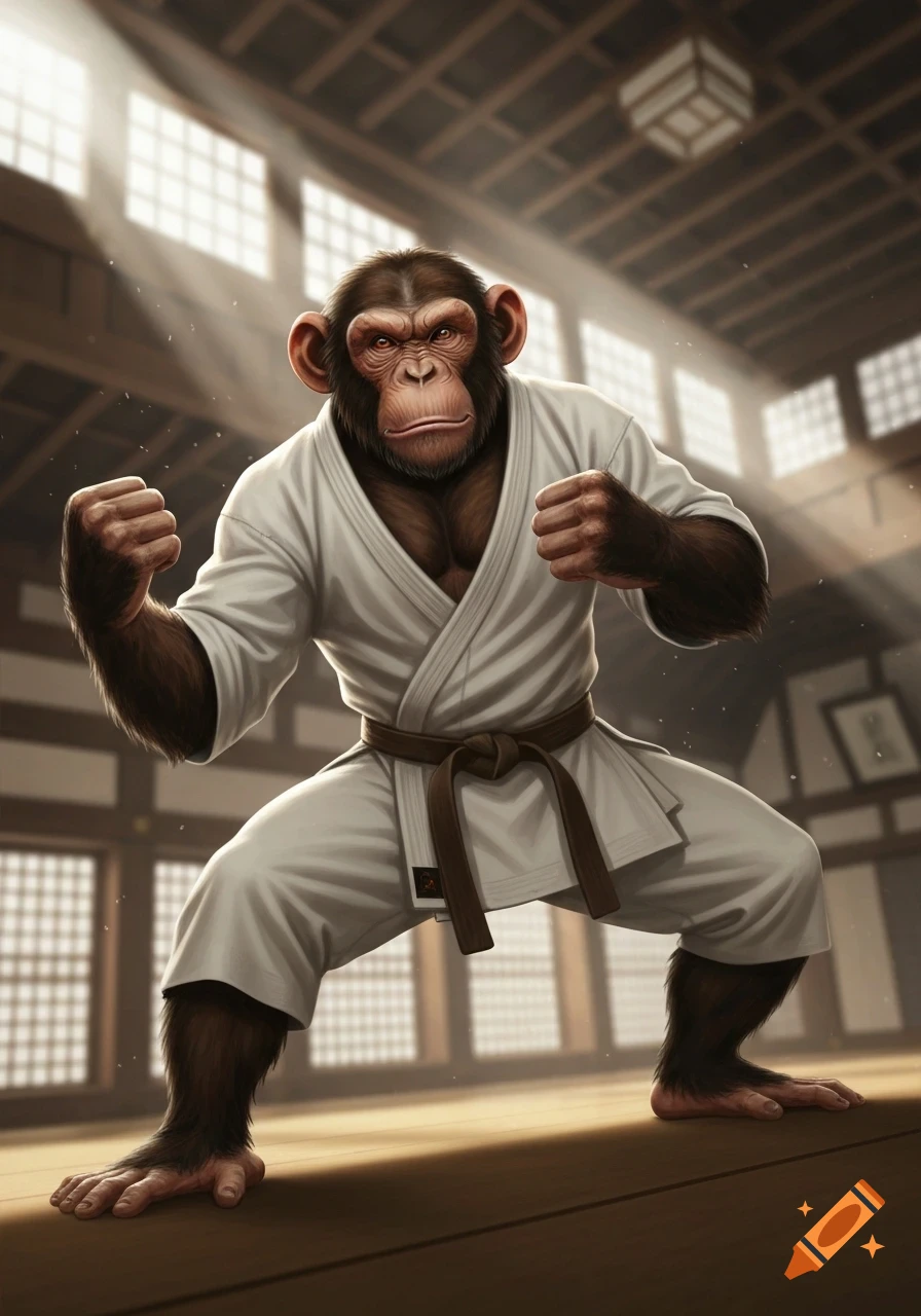 A powerful chimpanzee in a white karate gi and brown belt strikes a dynamic martial arts pose in a sunlit dojo.