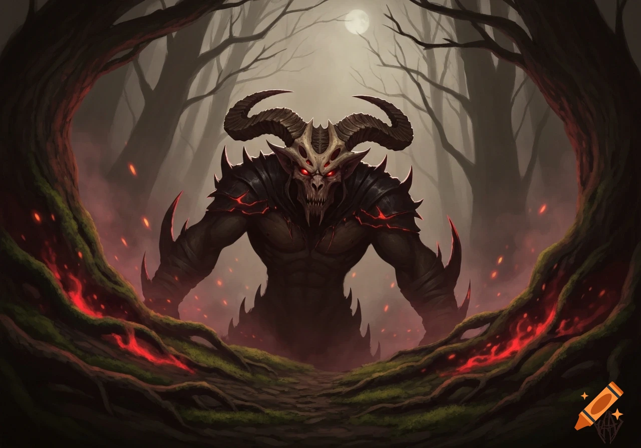 A menacing horned demon with glowing red eyes stands amidst a dark, misty forest with twisted trees and glowing red roots under a full moon. Dark fantasy art.