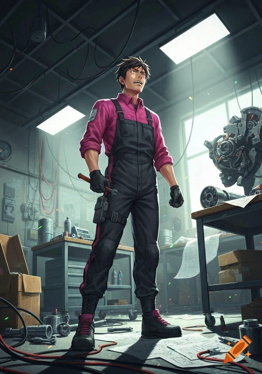Anime style mechanic in pink shirt and black overalls, holding a wrench in a detailed workshop setting.