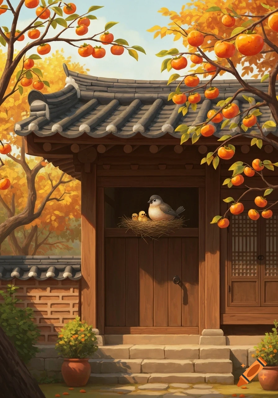 A charming illustration of a traditional Korean house with a bird's nest and chicks in a window, surrounded by persimmon trees in autumn.