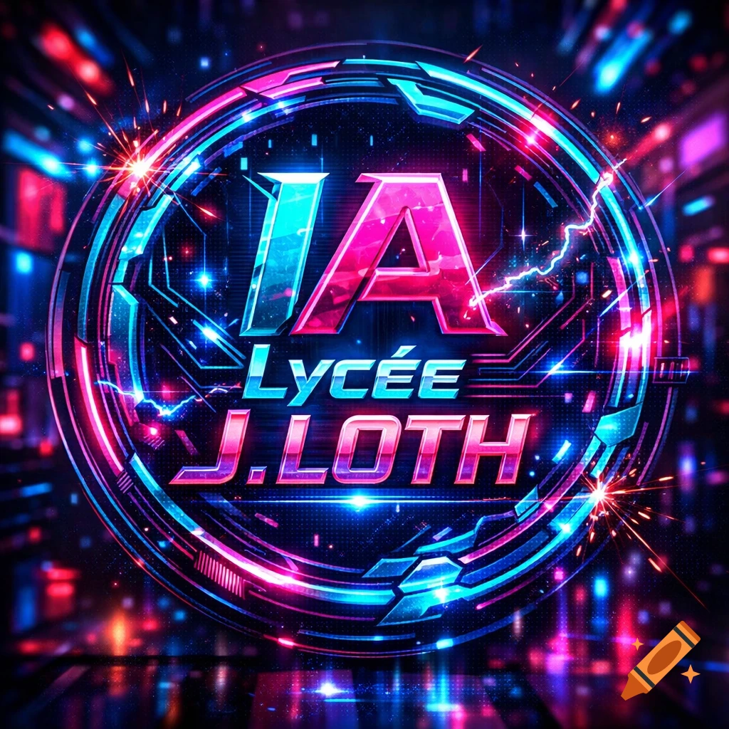 A vibrant round cyberpunk logo with neon blue and pink lights, featuring the text 'IA Lycée J. LOTH' and electrical effects.