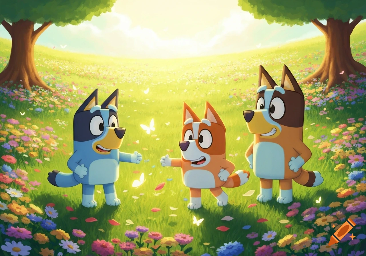Three cartoon dogs, resembling Bluey characters, stand smiling in a vibrant, sunlit field filled with colorful flowers and white butterflies.