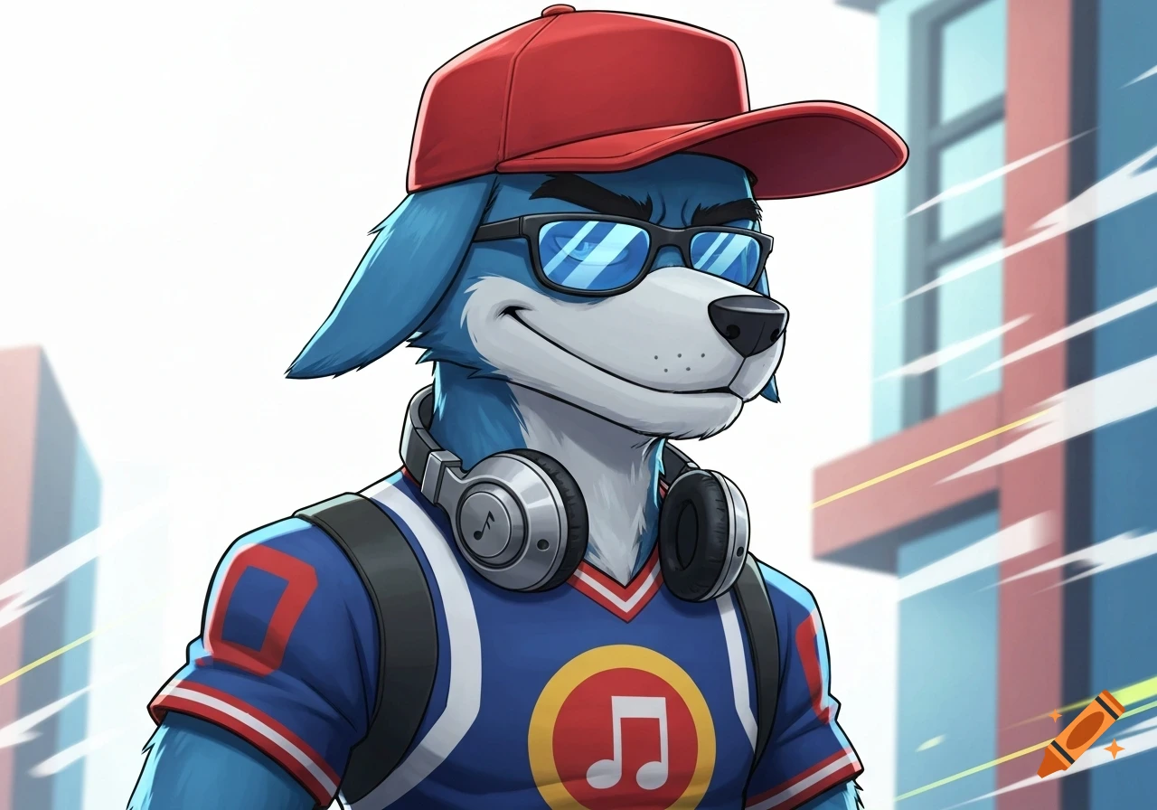 Anthro blue dog in a red baseball cap, blue sunglasses, headphones, and a blue sports jersey with a music note logo, in an anime style.