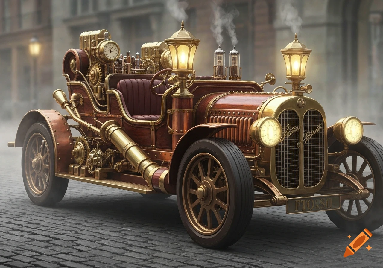 Detailed steampunk car with brass and wood features, glowing lanterns, and smoking vents on a cobblestone street.