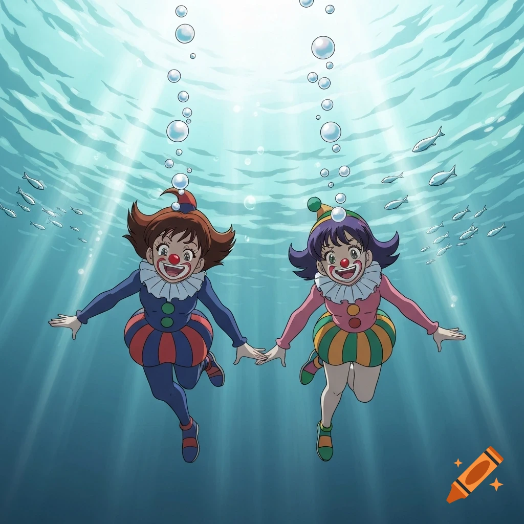 Two smiling 80s anime clown girls hold hands underwater, surrounded by bubbles and schools of fish.