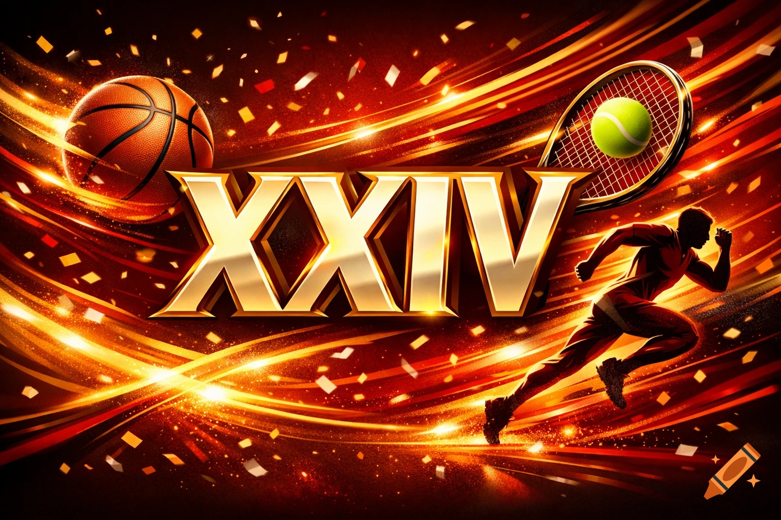 Golden Roman numerals 'XXIV' with a basketball, tennis racket, and runner on a fiery red and orange background with confetti.