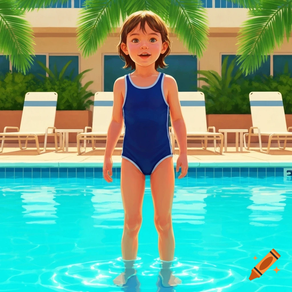 A young child in a blue swimsuit stands in a bright swimming pool with lounge chairs and palm trees in the background, rendered in a digital art style.