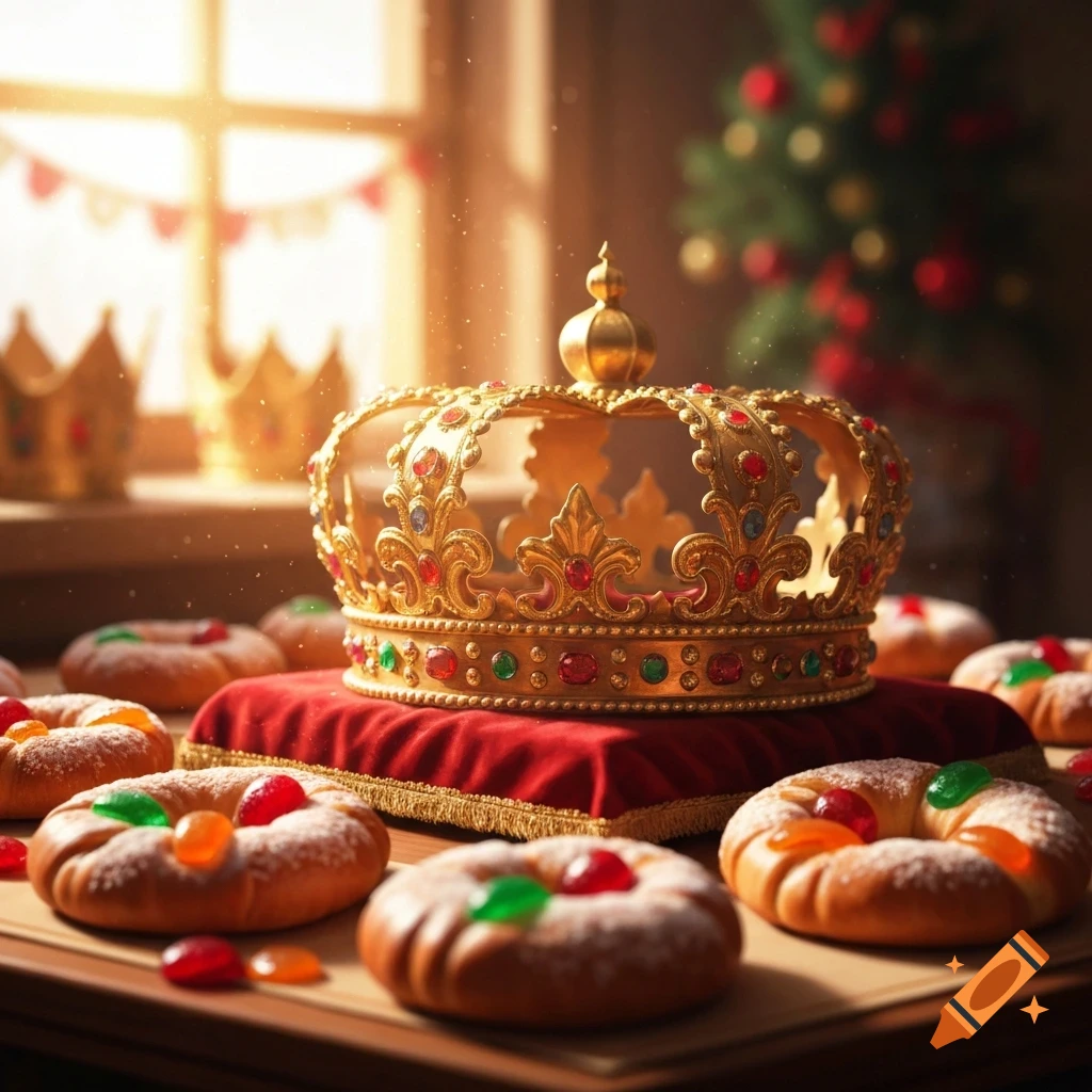 A jeweled gold crown rests on a red pillow, surrounded by sweet breads with colorful candied fruit, in a festive room with a window and Christmas tree.
