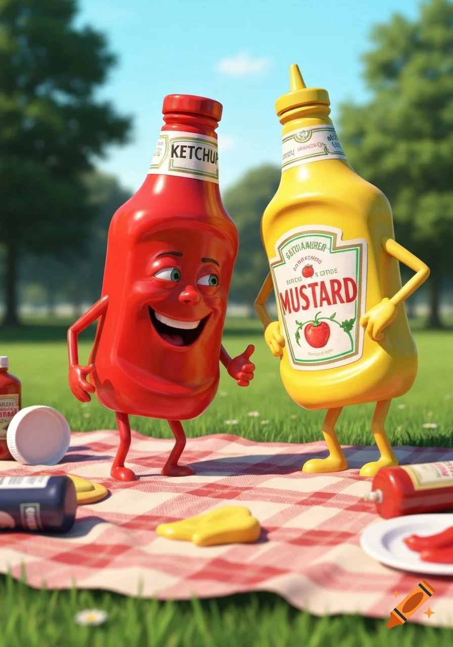 Cartoon ketchup and mustard bottles with faces and limbs smile on a picnic blanket in a park.