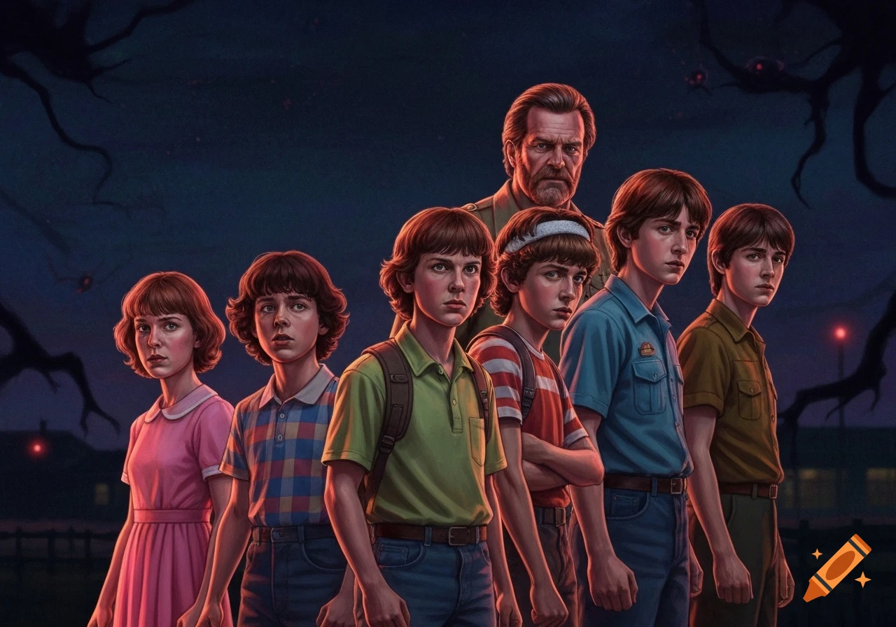 Stylized illustration of Hopper and five children from Stranger Things standing in a group outdoors at night, with an ominous dark background.