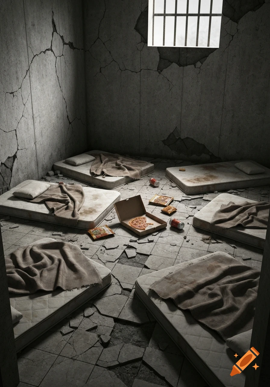 An abandoned, cracked concrete room with broken floor tiles, five old mattresses, blankets, a pizza box, and soda cans.