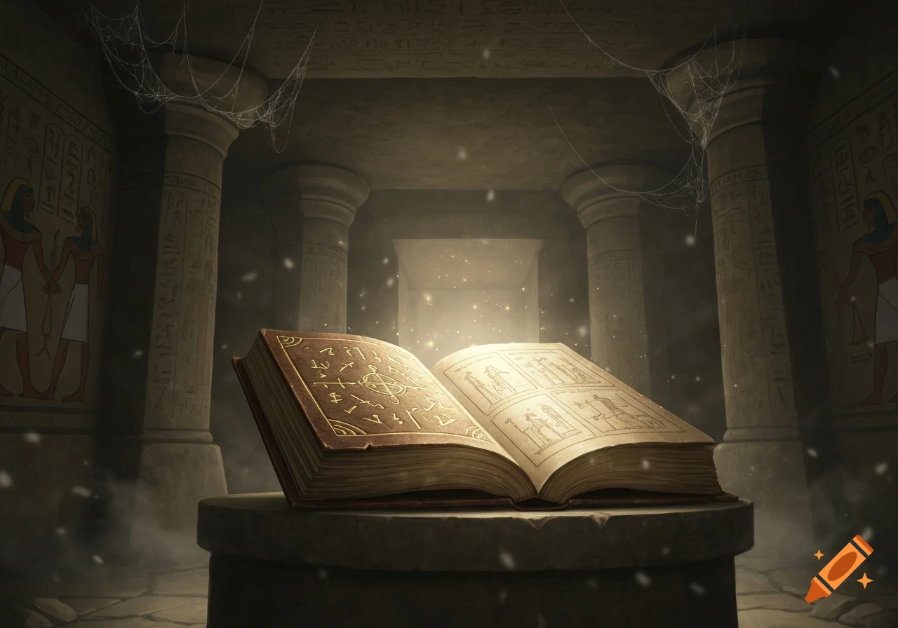 An open, glowing ancient book on a pedestal in a dusty, dimly lit Egyptian tomb with hieroglyphs and spiderwebs.