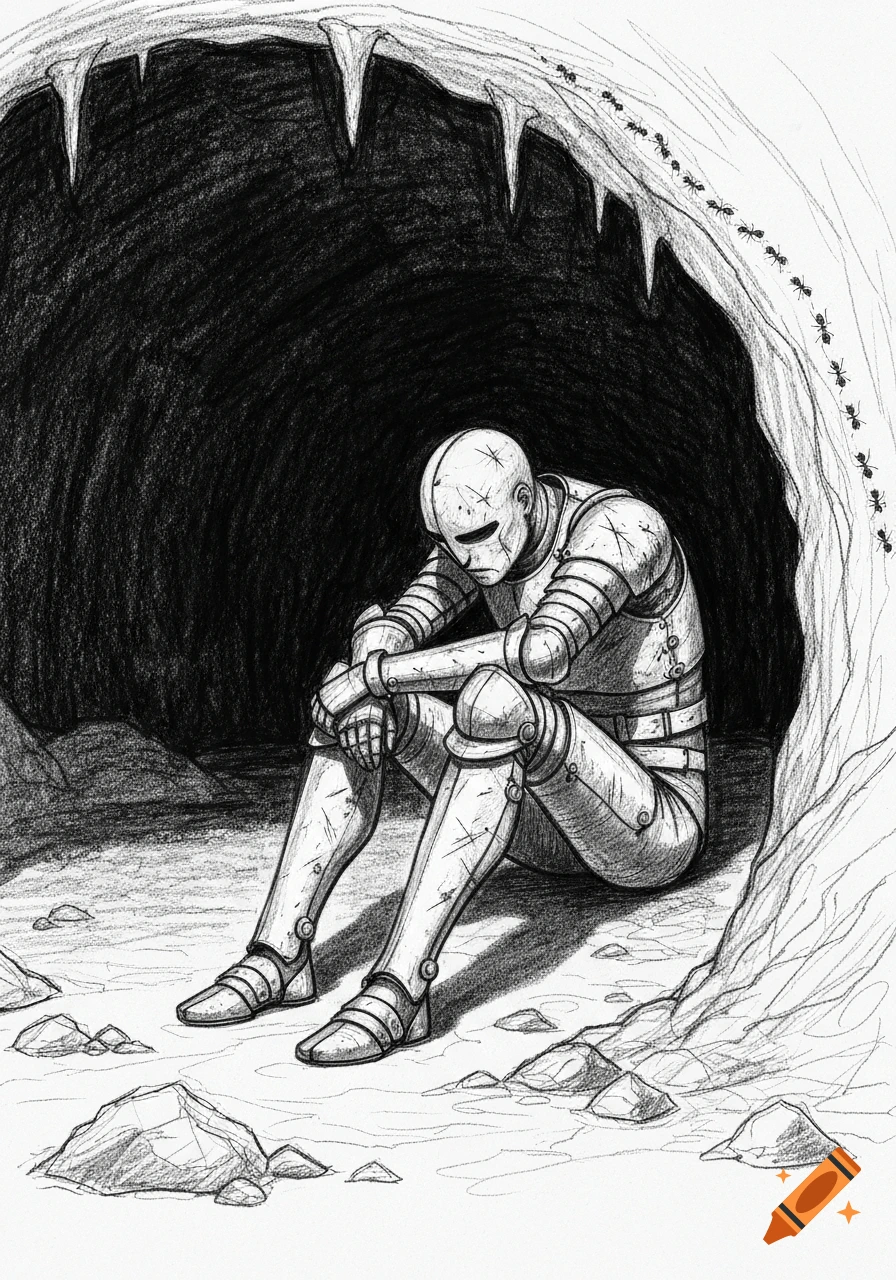 A black and white pencil sketch shows a figure in worn armor sitting introspectively in a dark cave, with ants on the wall.