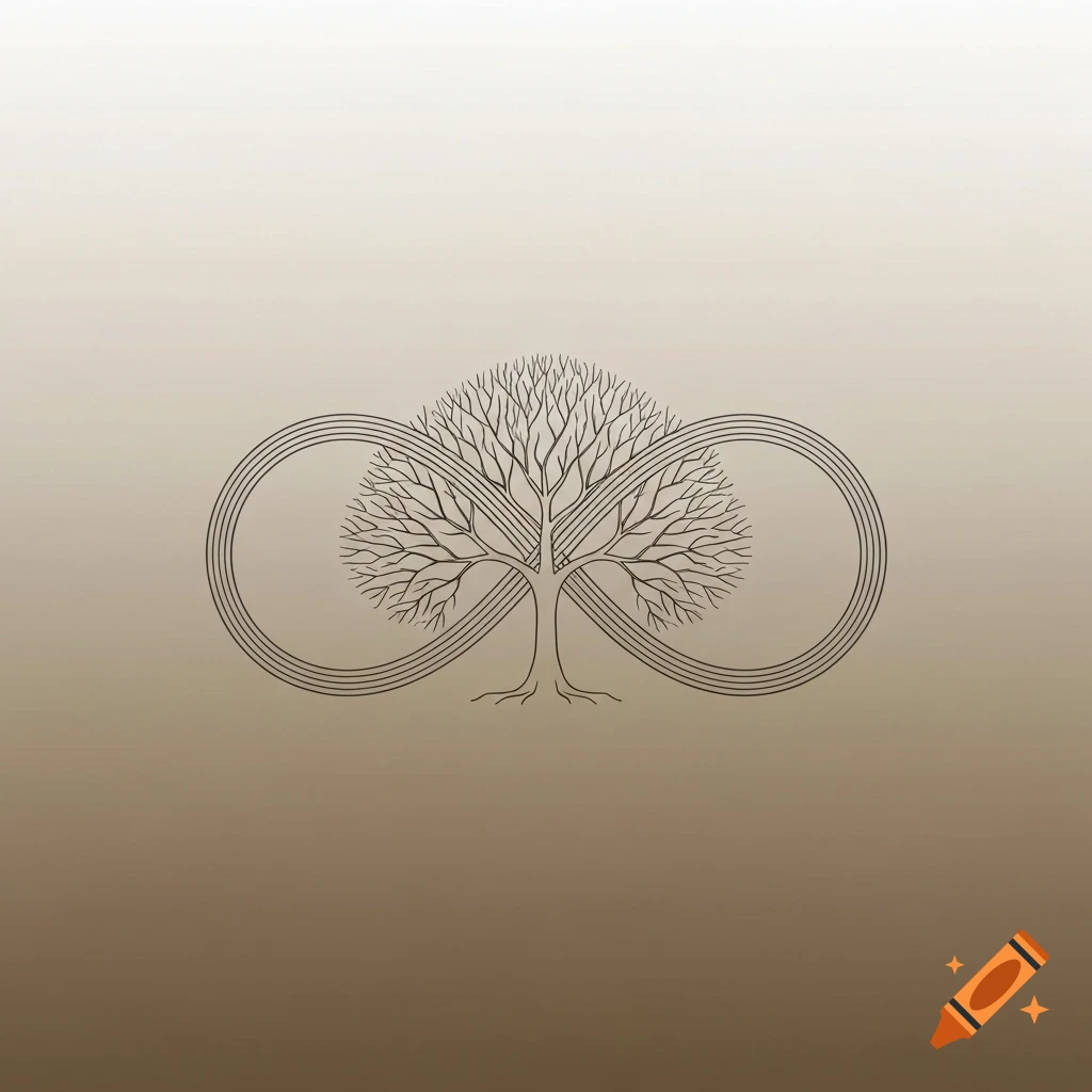 A stylized line drawing of a bare tree integrated into a horizontal infinity symbol, on a subtle gradient background.