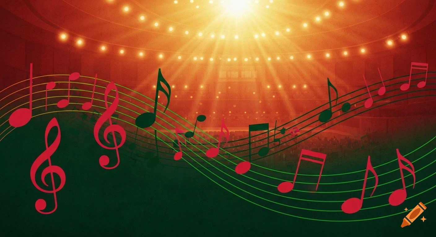 Stylized concert stage with bright spotlights and abstract red and green musical notes on wavy green staves.