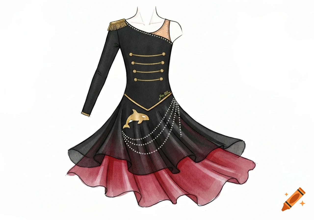 Watercolor and pencil illustration of a black asymmetrical figure skating dress with gold military details, a gold orca, and a red underskirt.