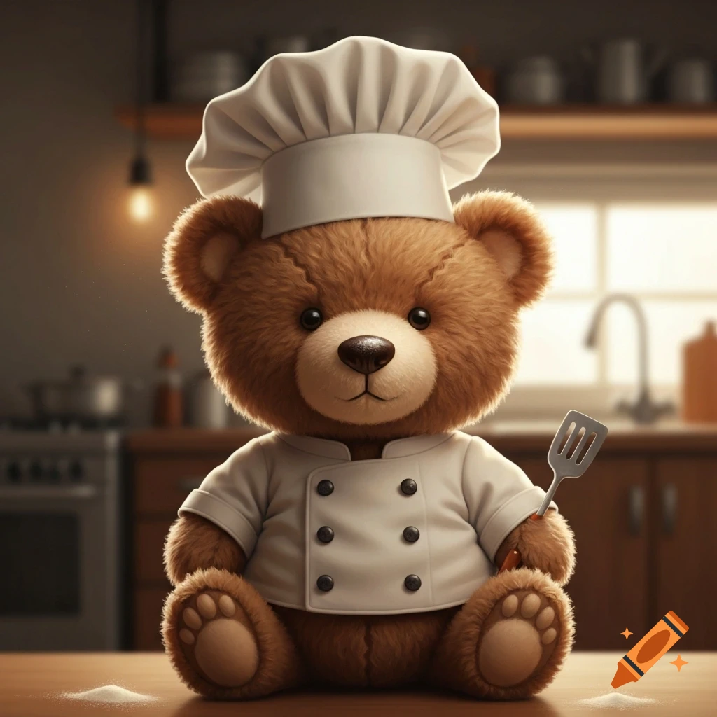 Photorealistic brown teddy bear chef wearing a white hat and coat, holding a spatula in a blurred kitchen background.