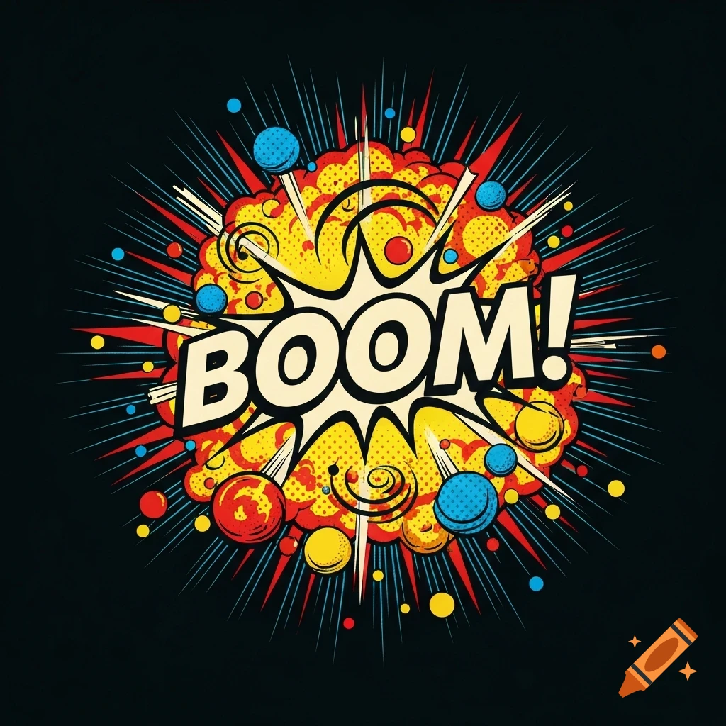 Retro comic book style explosion graphic with red, yellow, and blue colors, featuring the word 'BOOM!' in a speech bubble.