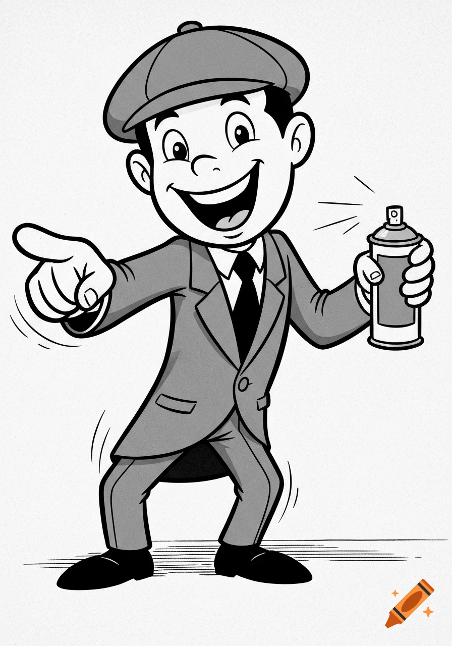 Black and white retro cartoon of a smiling boy in a flat cap and suit, pointing and holding a spray can.