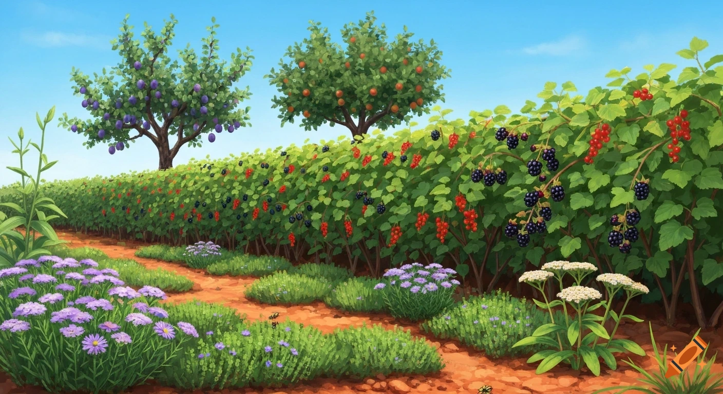 An illustrated permaculture garden with plum and apple trees, berry bushes, and various flowers along a dirt path under a blue sky.
