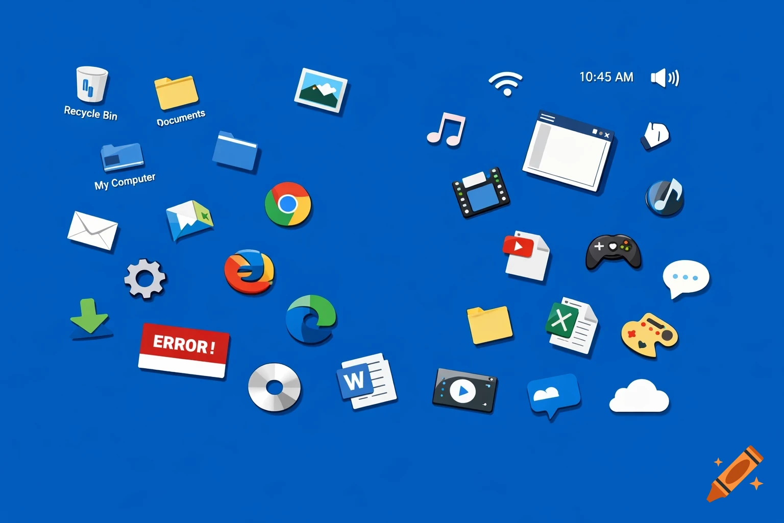 A blue desktop background filled with various displaced computer icons including folders, applications, and system elements.