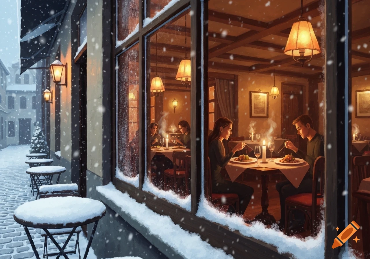 A cozy restaurant interior seen through a snowy window, with couples dining warmly inside while outdoor tables are covered in fresh snow.