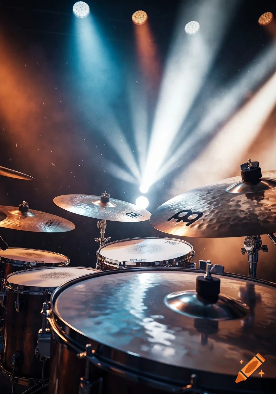 A drum set on a stage under dramatic blue and orange spotlights, with Meinl cymbals in the foreground.