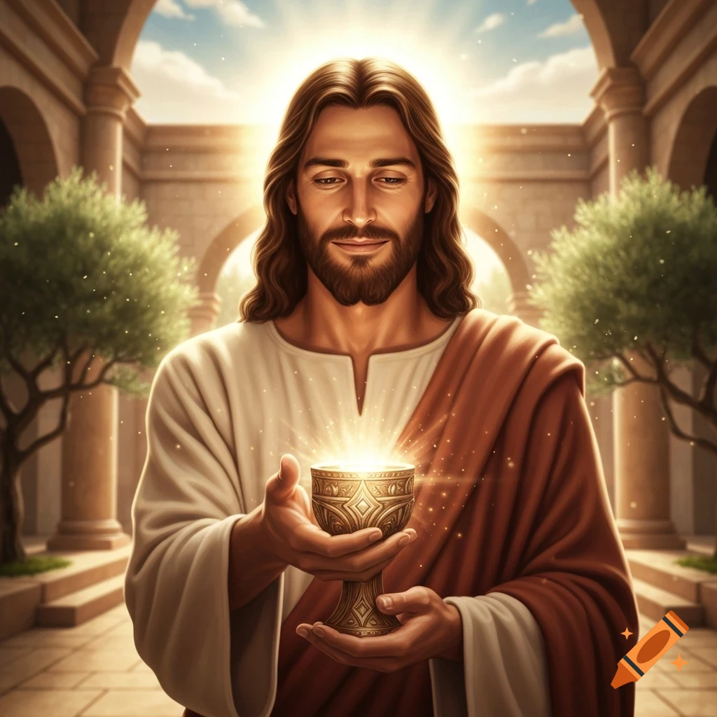 Jesus Christ with long hair and a beard, in robes, holding a glowing Holy Grail in an ancient courtyard.