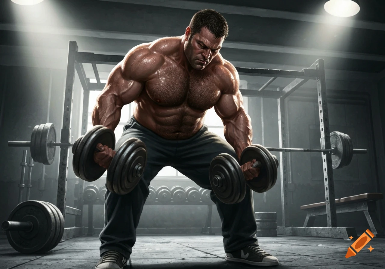 A very muscular man with a hairy chest lifts heavy dumbbells in a gym, with racks and weights in the background.