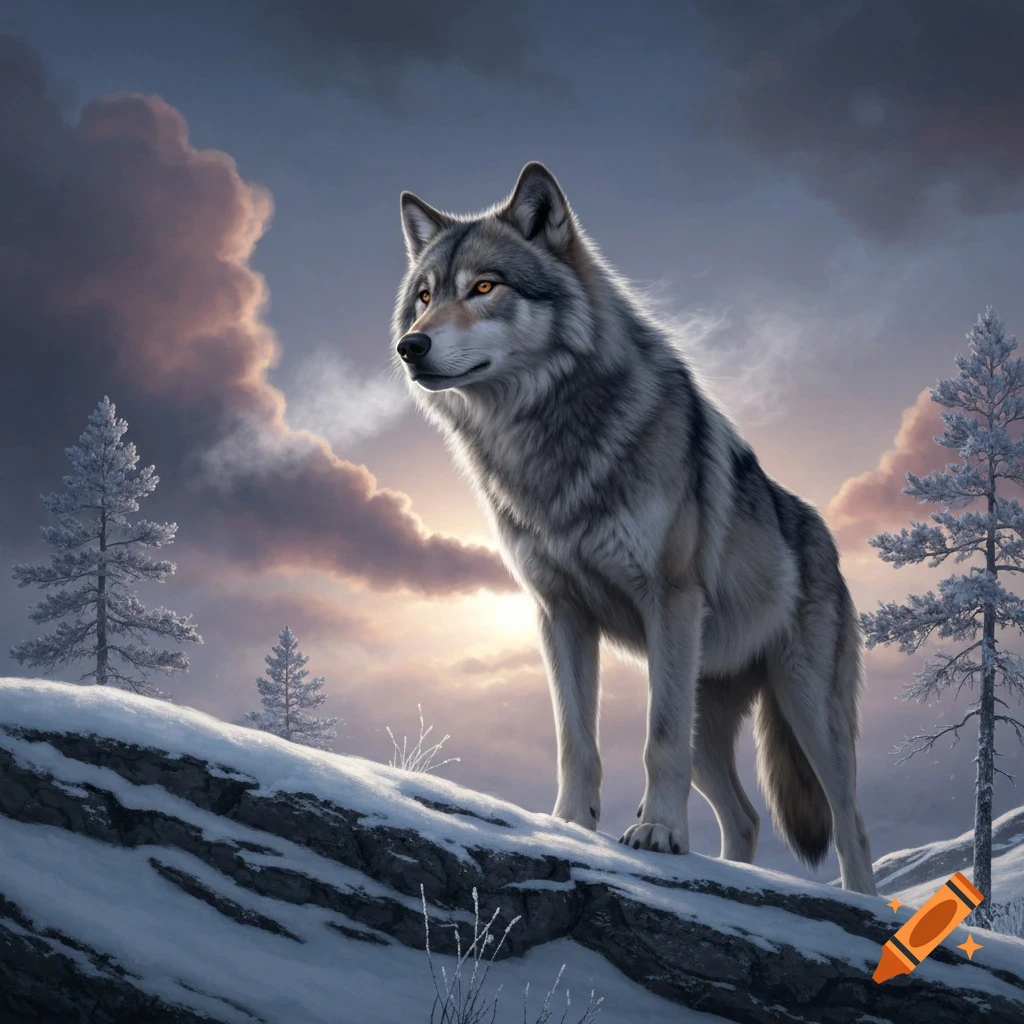 A majestic wolf stands on a snow-covered ridge against a dramatic sunset sky with bare winter trees.