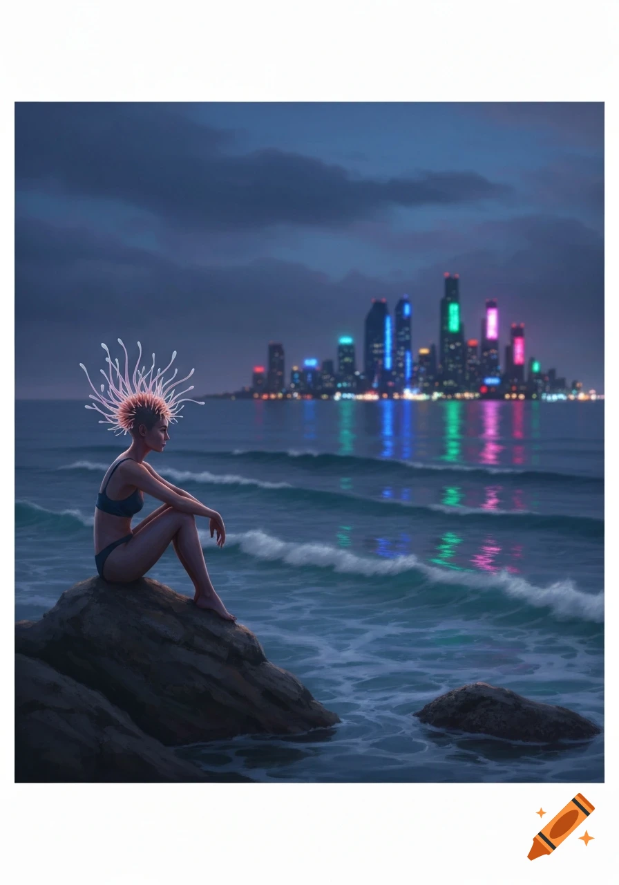 A stylized image of a person with glowing tendrils on their head, sitting on a rock by the ocean with a neon city skyline at night.