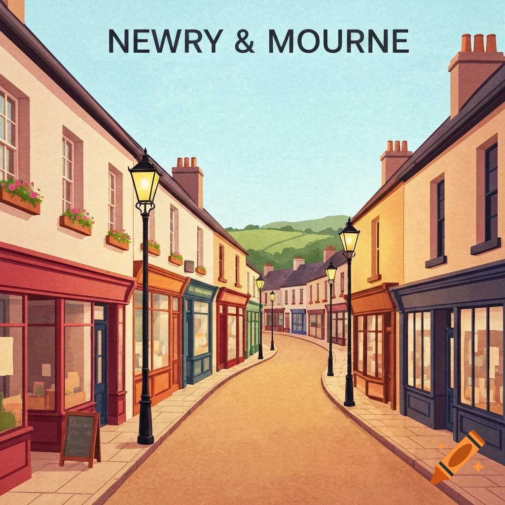 Illustrated town street scene with colorful shops and houses lining a curved road, leading to green hills. The sky reads "NEWRY & MOURNE".