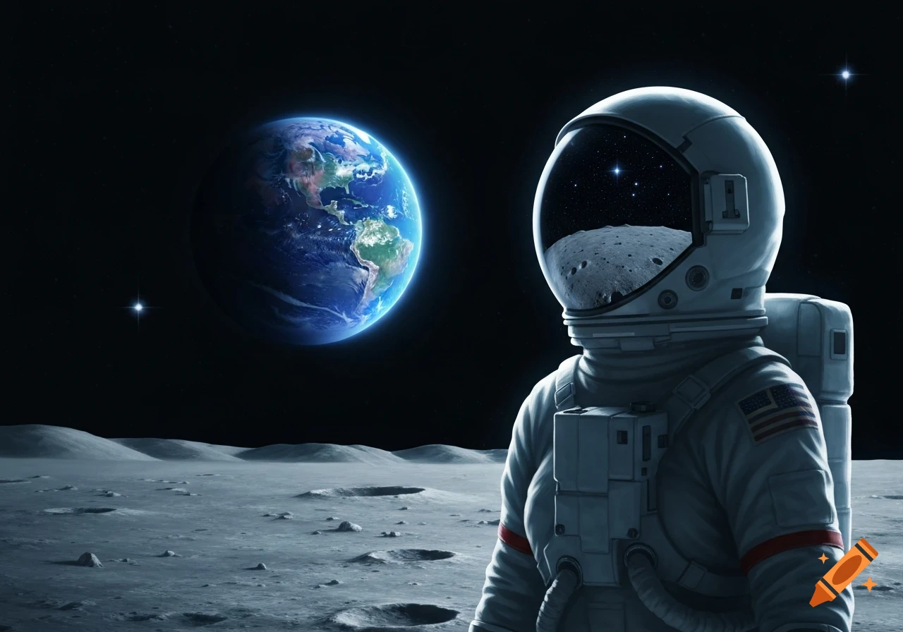 Photorealistic astronaut in a white suit stands on the moon's cratered surface, gazing at a glowing blue Earth in the dark starry sky.