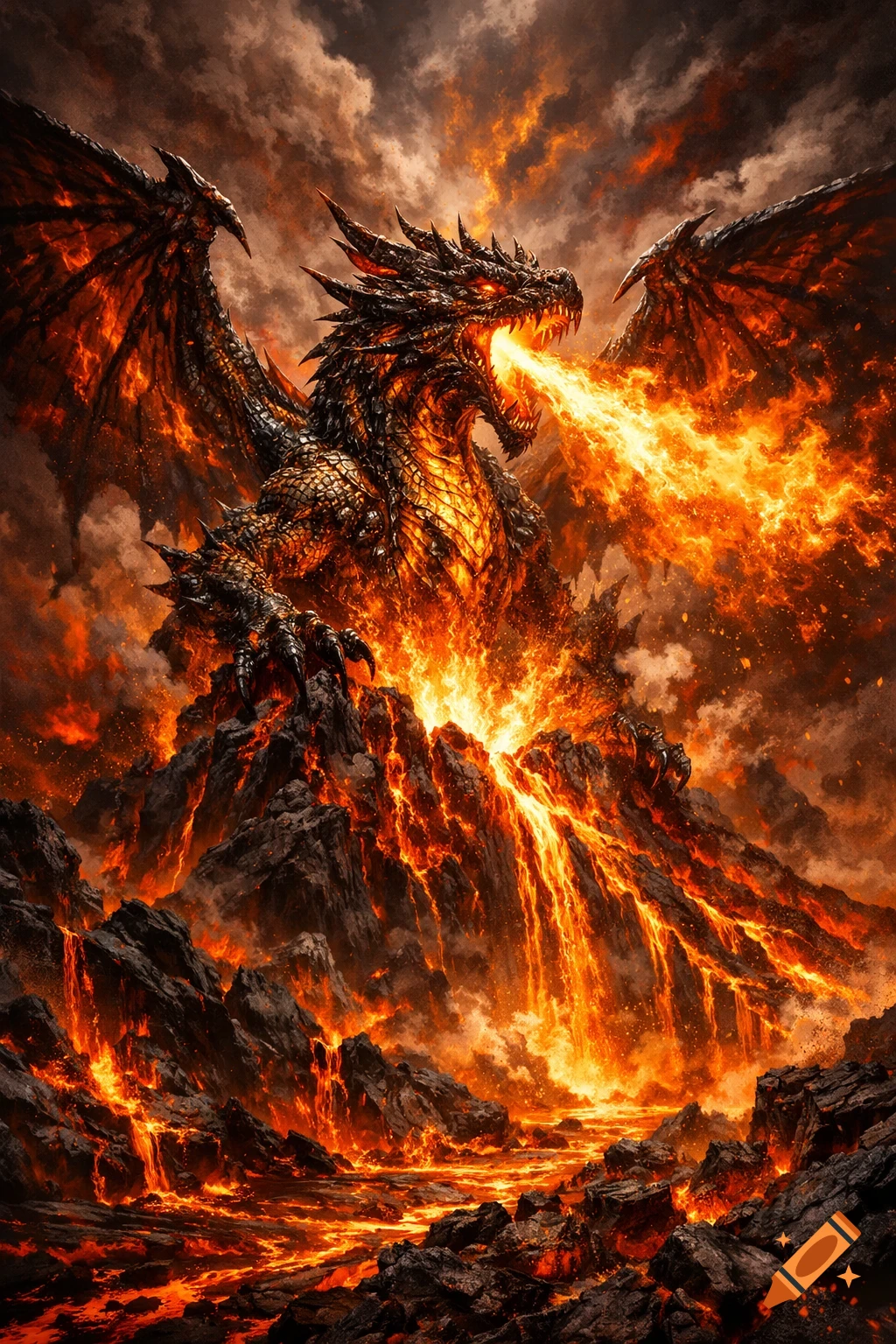 An epic fantasy art depiction of a fire dragon breathing flames over a volcanic landscape with flowing lava.