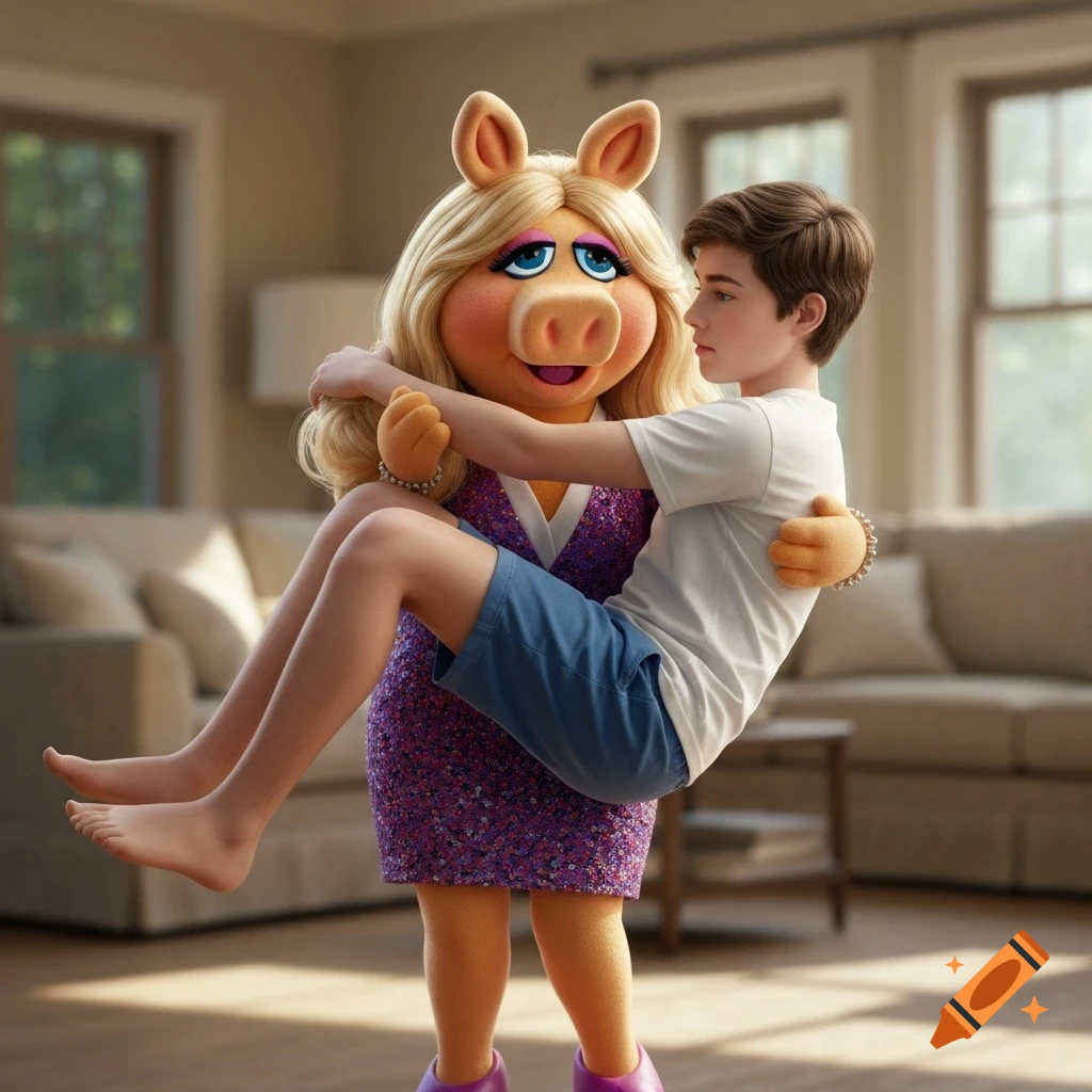 Photorealistic Miss Piggy carrying a barefoot teenage boy in a white t-shirt and blue shorts inside a bright living room.