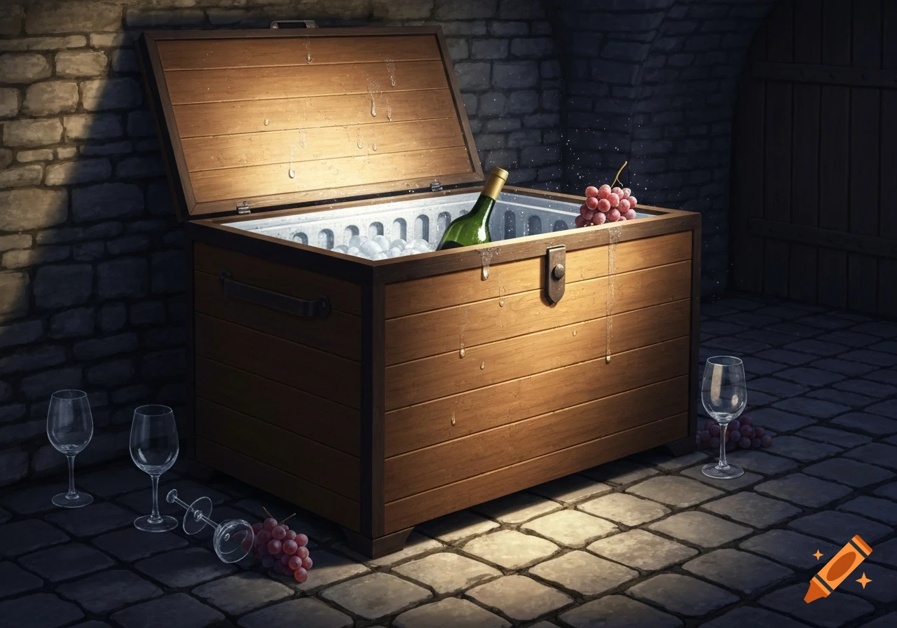 A wooden cooler filled with ice and a green wine bottle, grapes, and glasses on a cobblestone floor in a stone cellar.