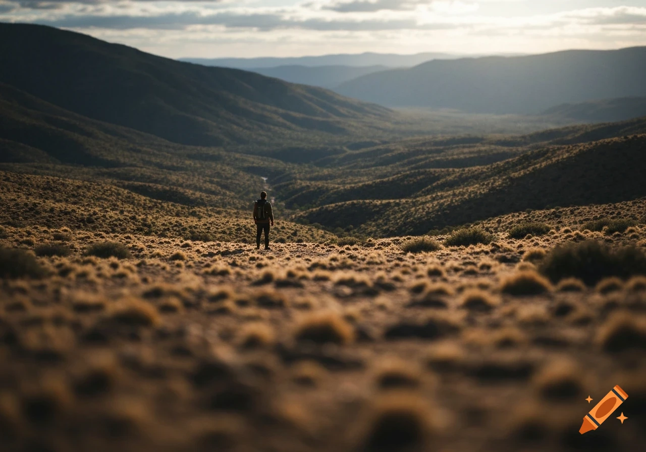 A lone person with a backpack stands on a vast, golden-brown grassy plain, looking out over rolling hills and mountains under a hazy sky.