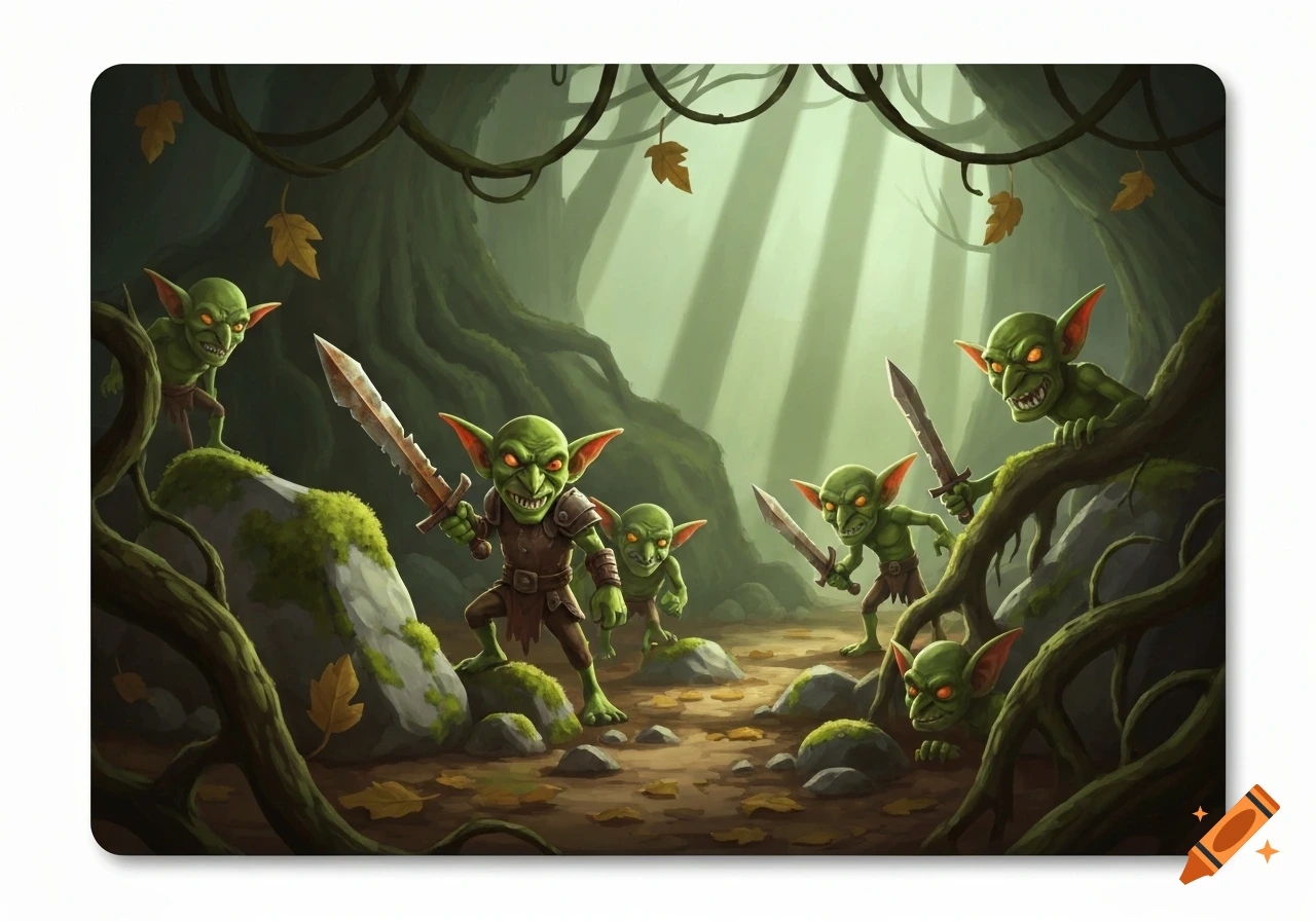 Six stylized green goblins with swords lurk in a dark, mossy forest, preparing for an ambush.