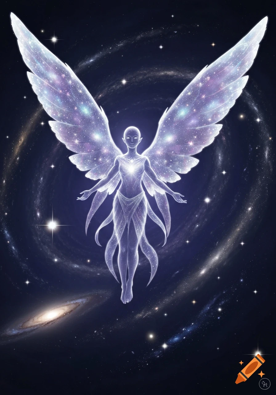 Ethereal winged figure with a glowing core and flowing fabric floats against a cosmic background filled with stars and galaxies.